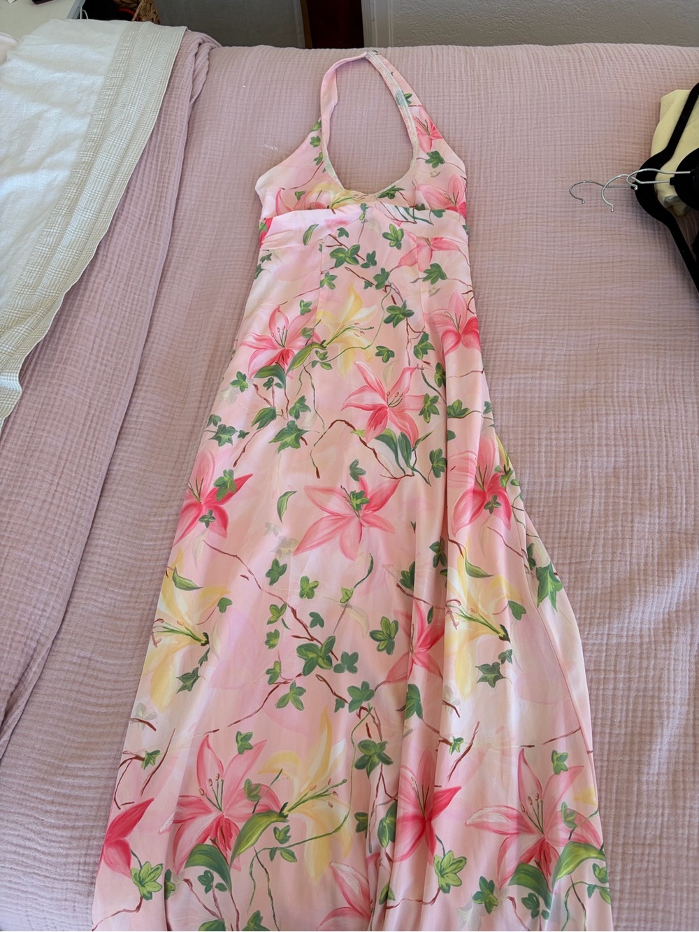 Peppermayo Pink Floral Halter Dress with Green Leaf Print